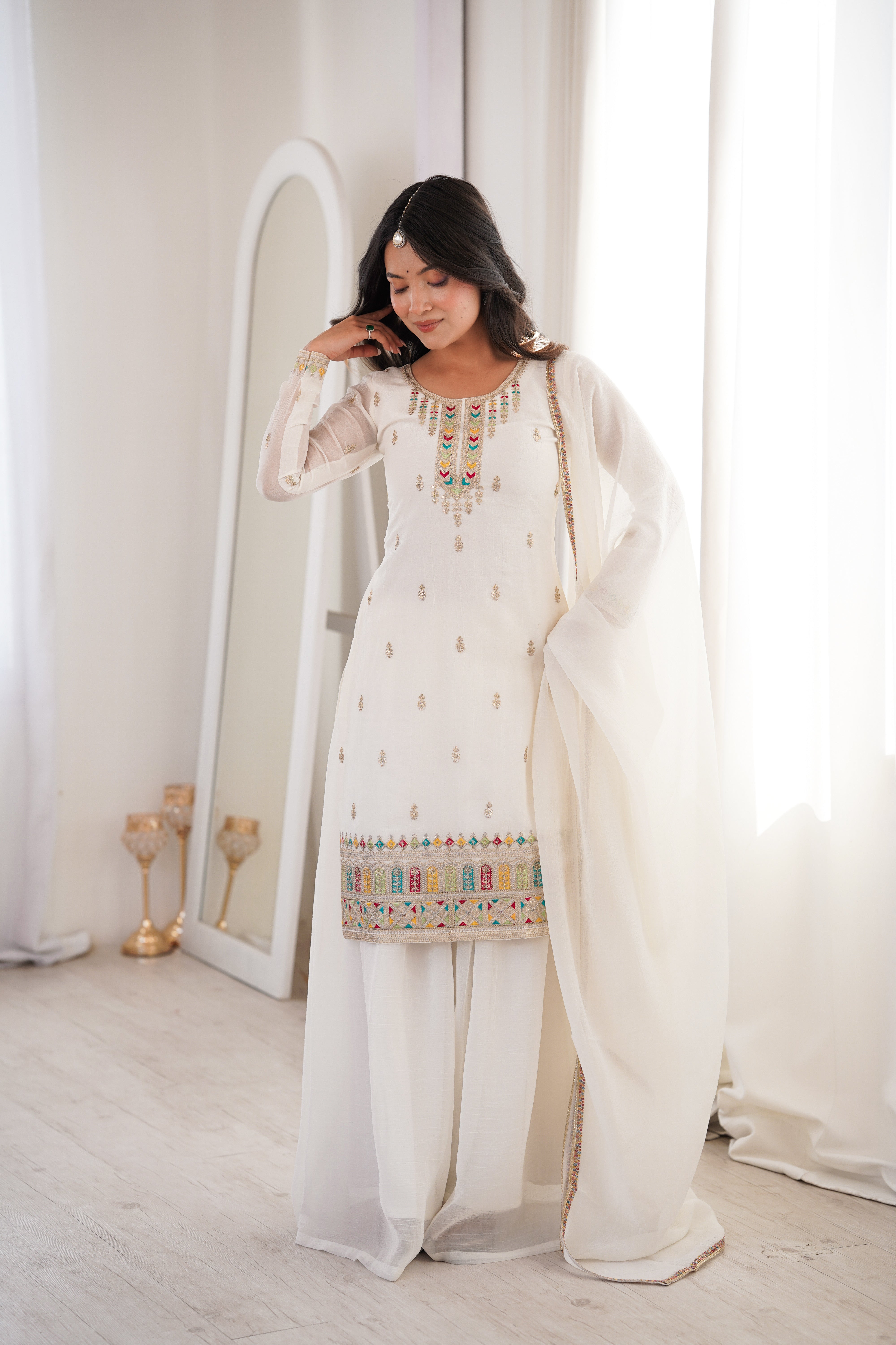 White Clour  Heavy Soft Crunchy Silk Kurta Sharara Set