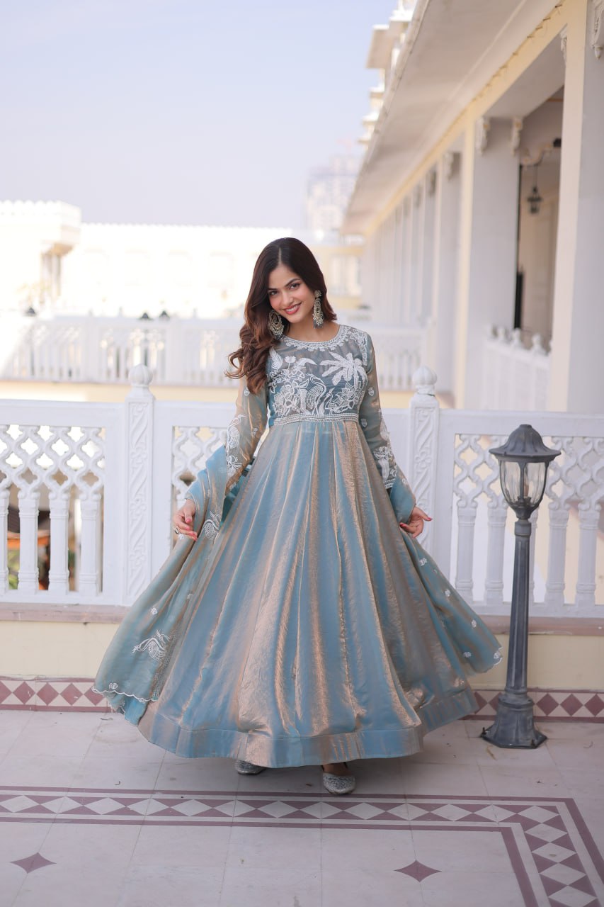 Festive Special Fendi Satin Ready-Made Gown with Dupatta