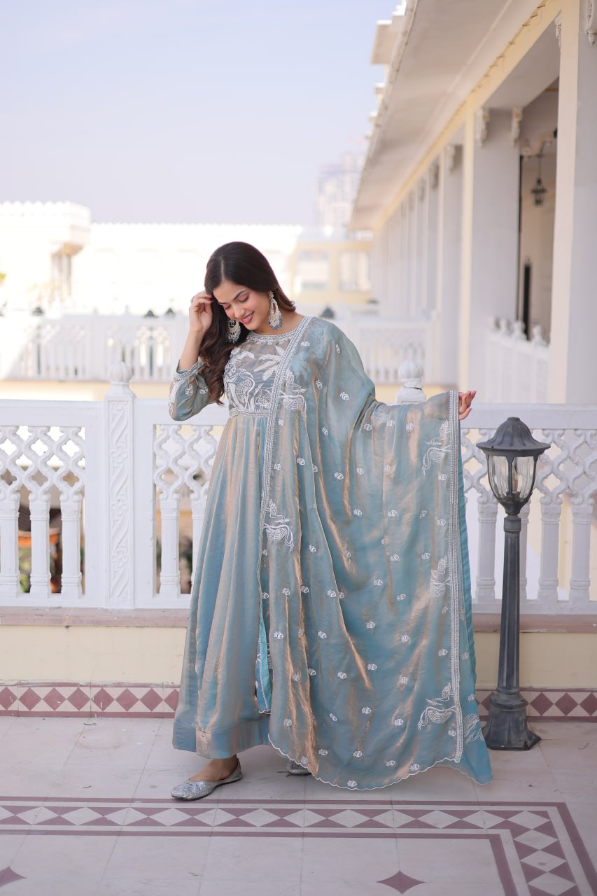 Festive Special Fendi Satin Ready-Made Gown with Dupatta