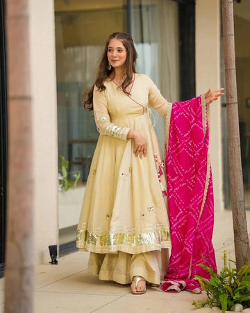 Elegant Silk Suit Set with Handwork & Handprint Dupatta