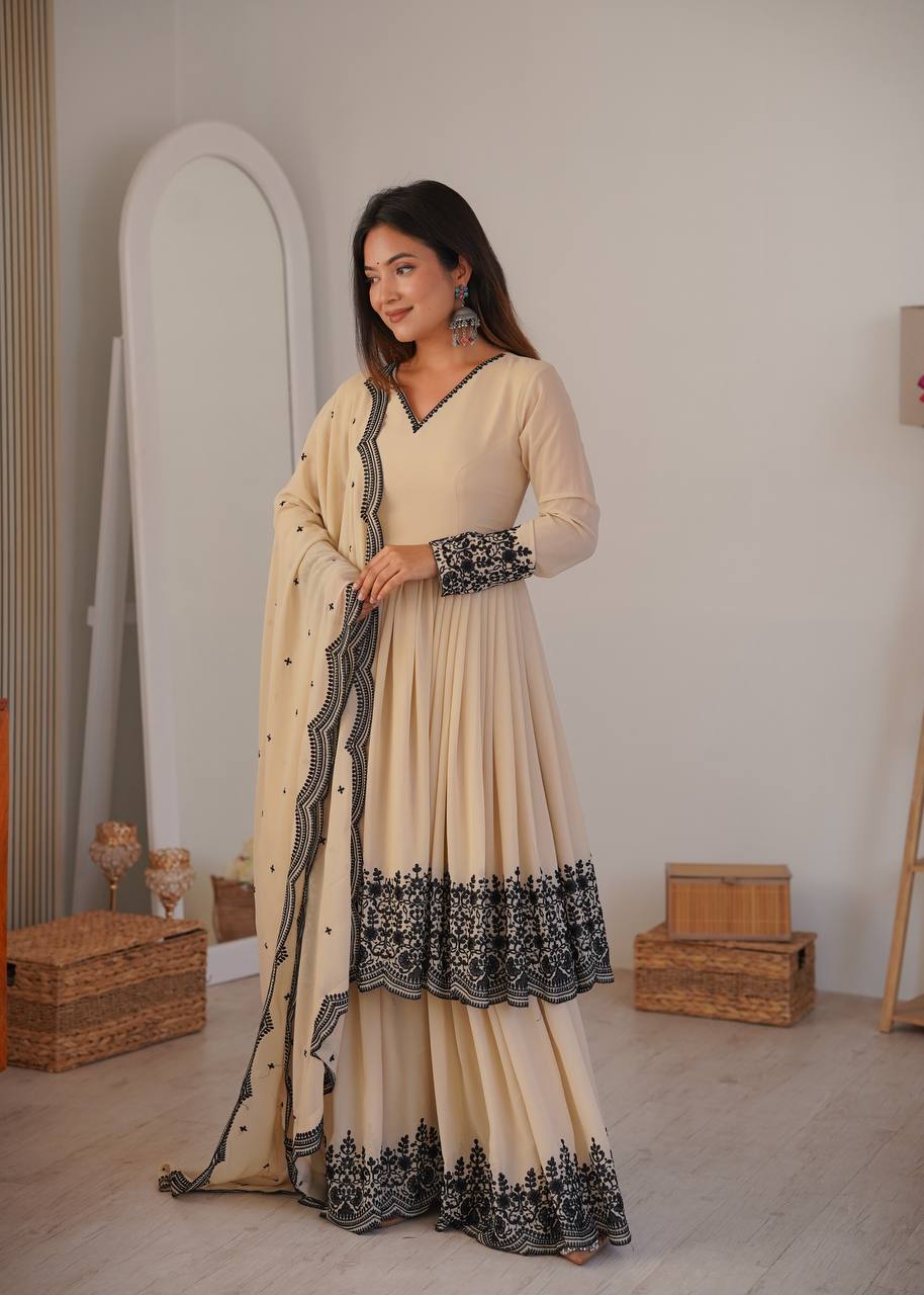 Crem Colour Premium Faux Georgette Embroidered Suit Set