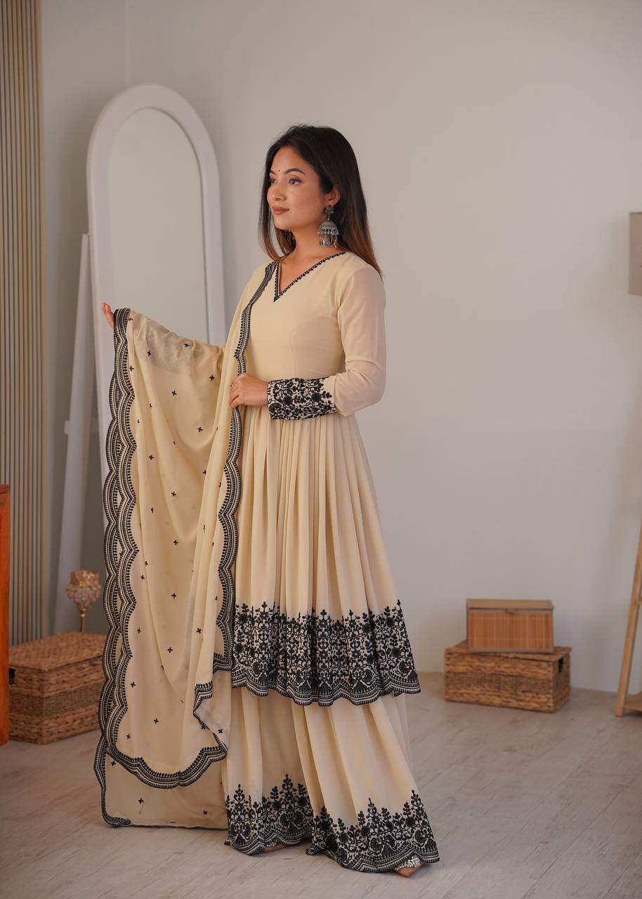 Crem Colour Premium Faux Georgette Embroidered Suit Set