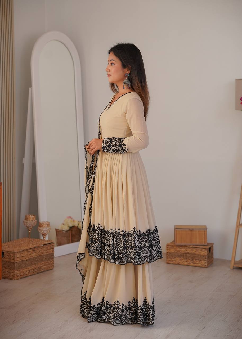 Crem Colour Premium Faux Georgette Embroidered Suit Set