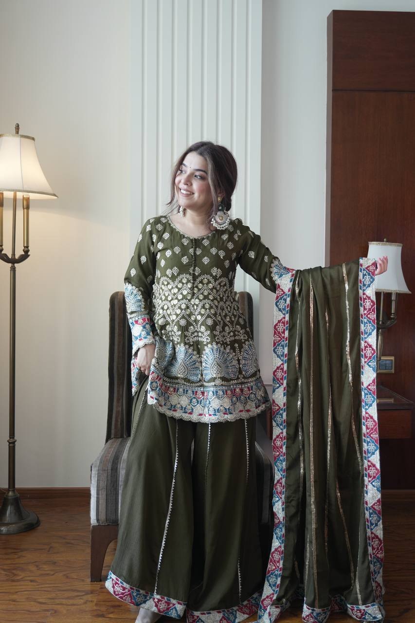 Mendi Colur Chinon Sequence Embroidered Kali Plazzo Set