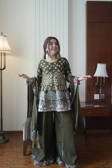 Mendi Colur Chinon Sequence Embroidered Kali Plazzo Set