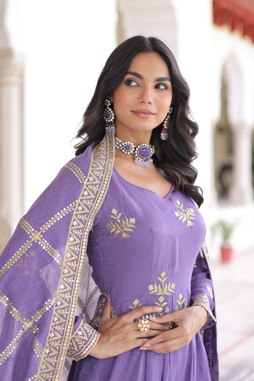 Silver Crunchy Sequins Embroidered Gown Pant Dupatta Set for Women