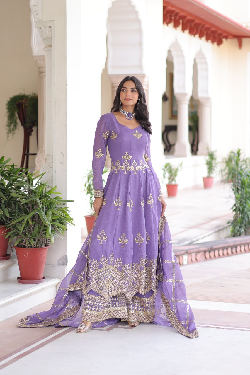 Silver Crunchy Sequins Embroidered Gown Pant Dupatta Set for Women