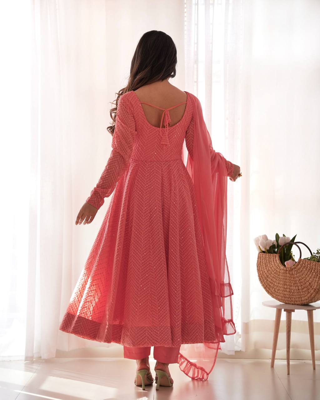 Pink Colour Soft Fox Georgette Lucknowi Work Anarkali Set