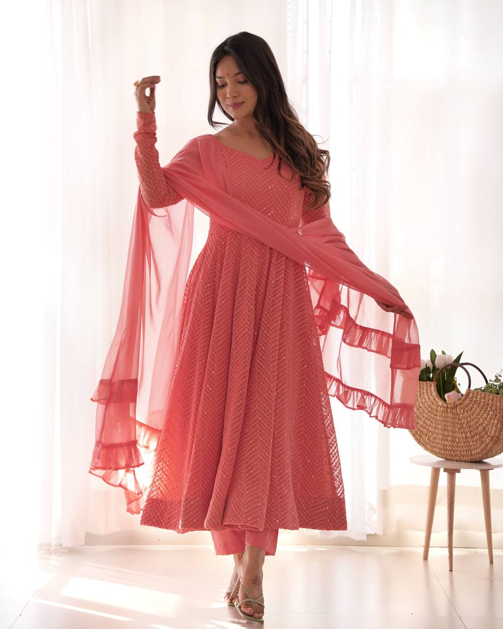 Pink Colour Soft Fox Georgette Lucknowi Work Anarkali Set