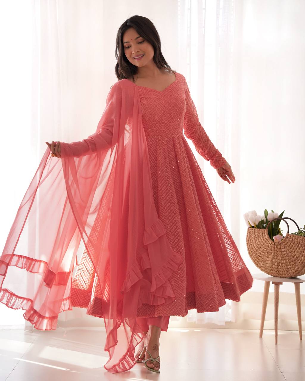 Pink Colour Soft Fox Georgette Lucknowi Work Anarkali Set