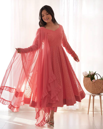 Pink Colour Soft Fox Georgette Lucknowi Work Anarkali Set