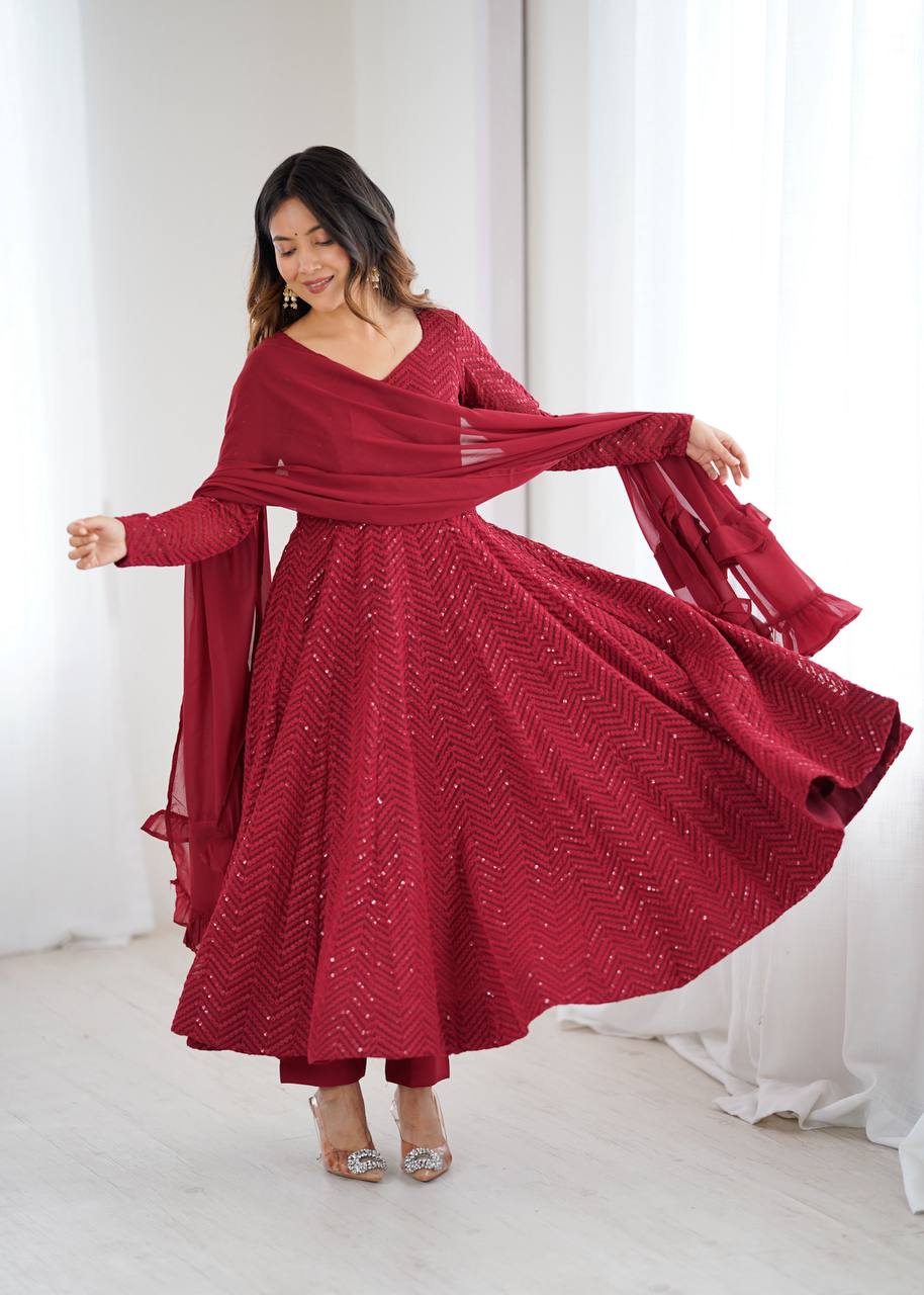 Maroon Colour Soft Fox Georgette Lucknowi Work Anarkali Set