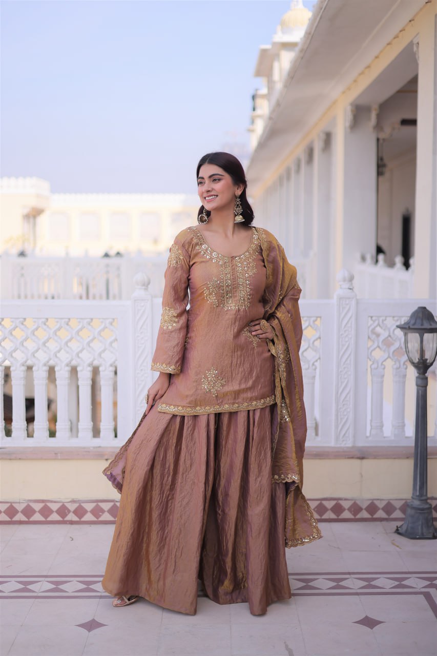 Heavy Zari Sequins Embroidered Partywear Sharara Set