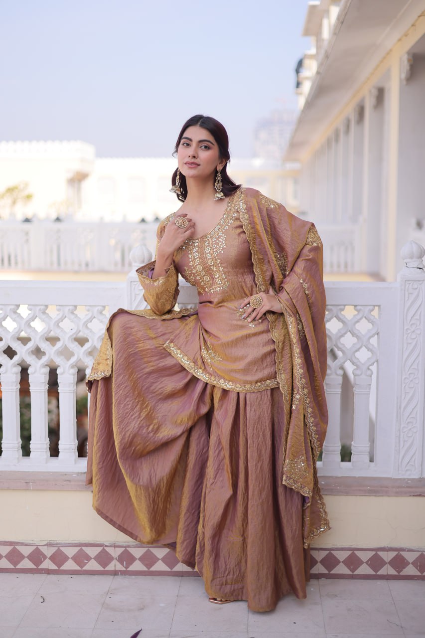 Heavy Zari Sequins Embroidered Partywear Sharara Set