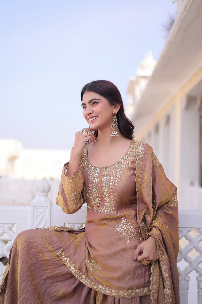 Heavy Zari Sequins Embroidered Partywear Sharara Set