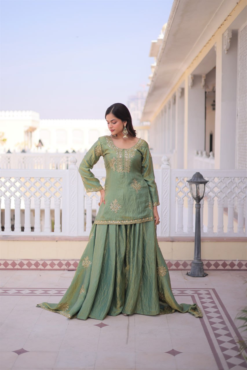 Heavy Zari Sequins Embroidered Partywear Sharara Set