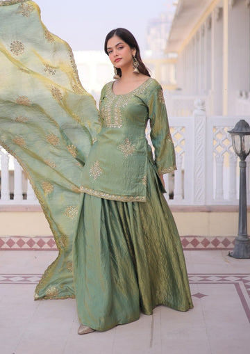 Heavy Zari Sequins Embroidered Partywear Sharara Set