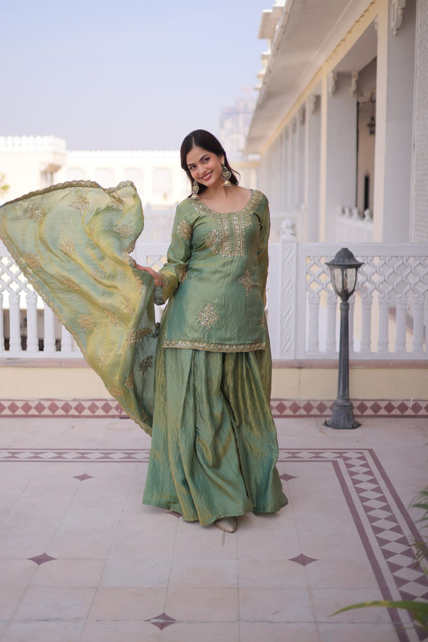 Heavy Zari Sequins Embroidered Partywear Sharara Set