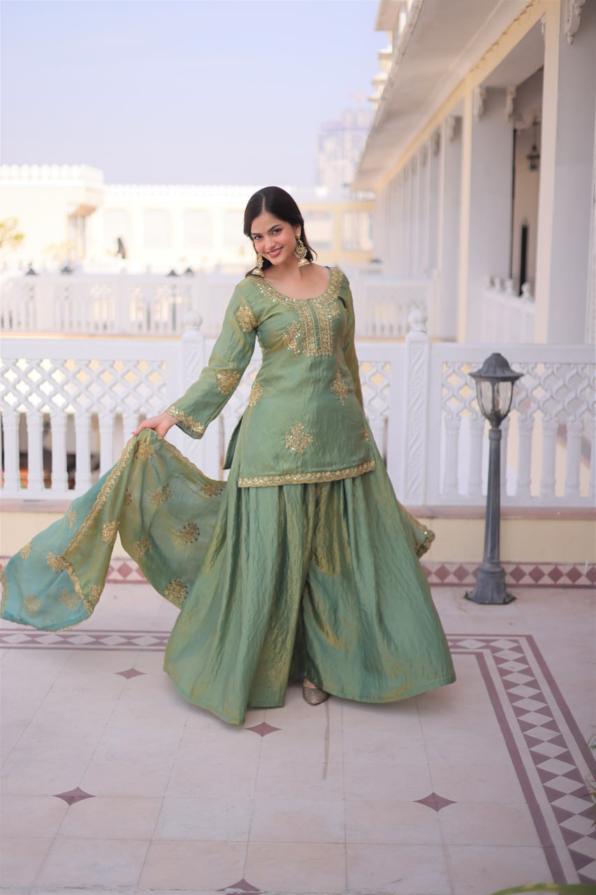 Heavy Zari Sequins Embroidered Partywear Sharara Set