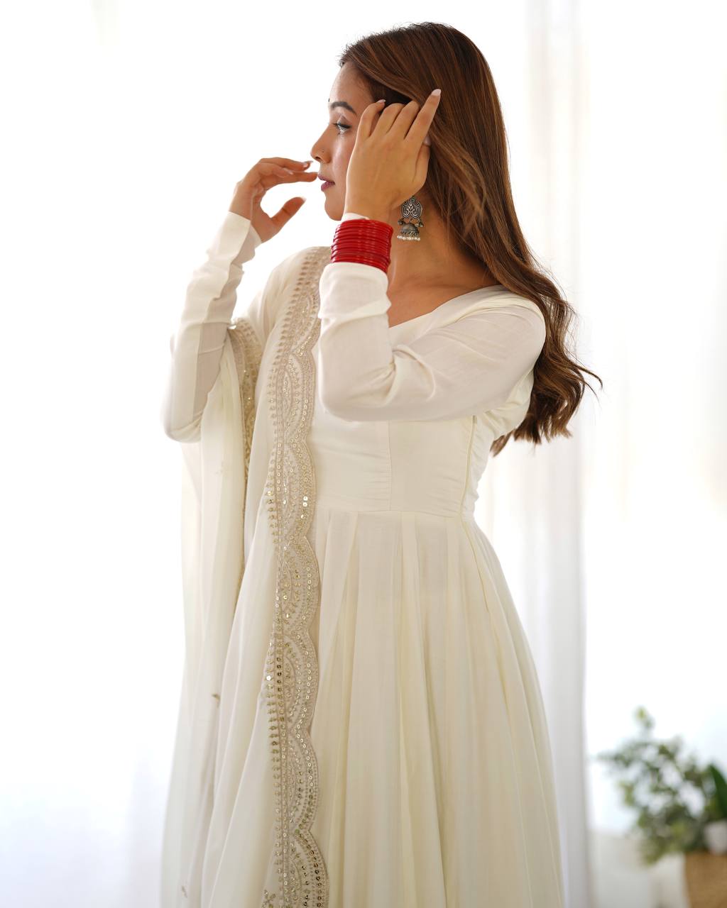 White Heavy Roman Silk Chanderi 16 Kali Anarkali Set