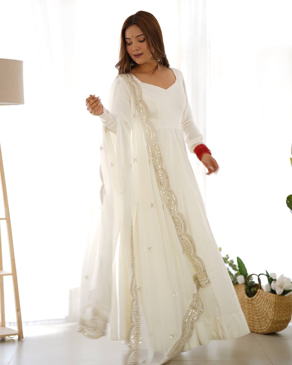 White Heavy Roman Silk Chanderi 16 Kali Anarkali Set