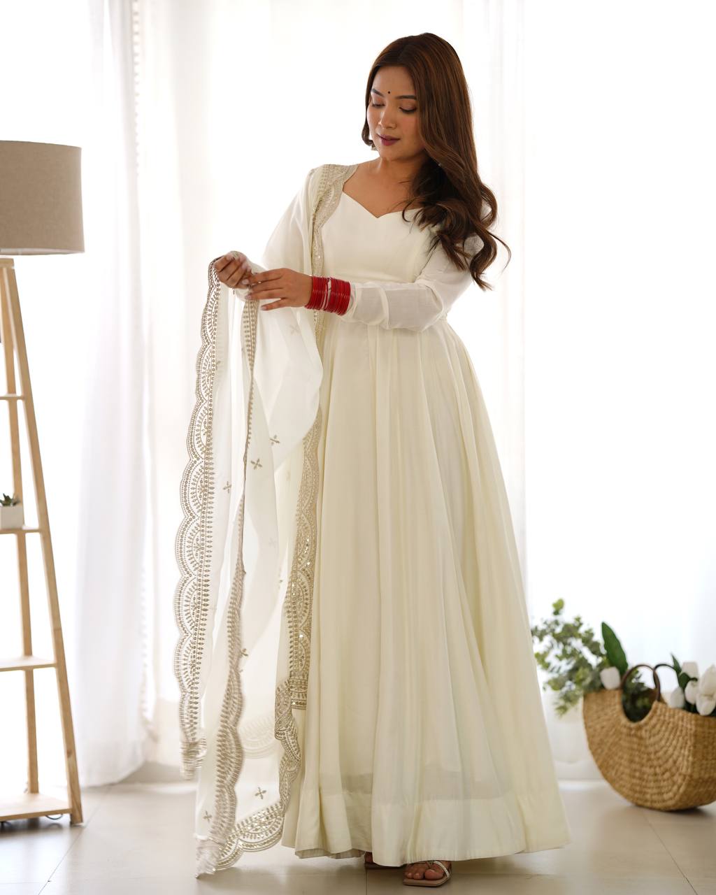 White Heavy Roman Silk Chanderi 16 Kali Anarkali Set