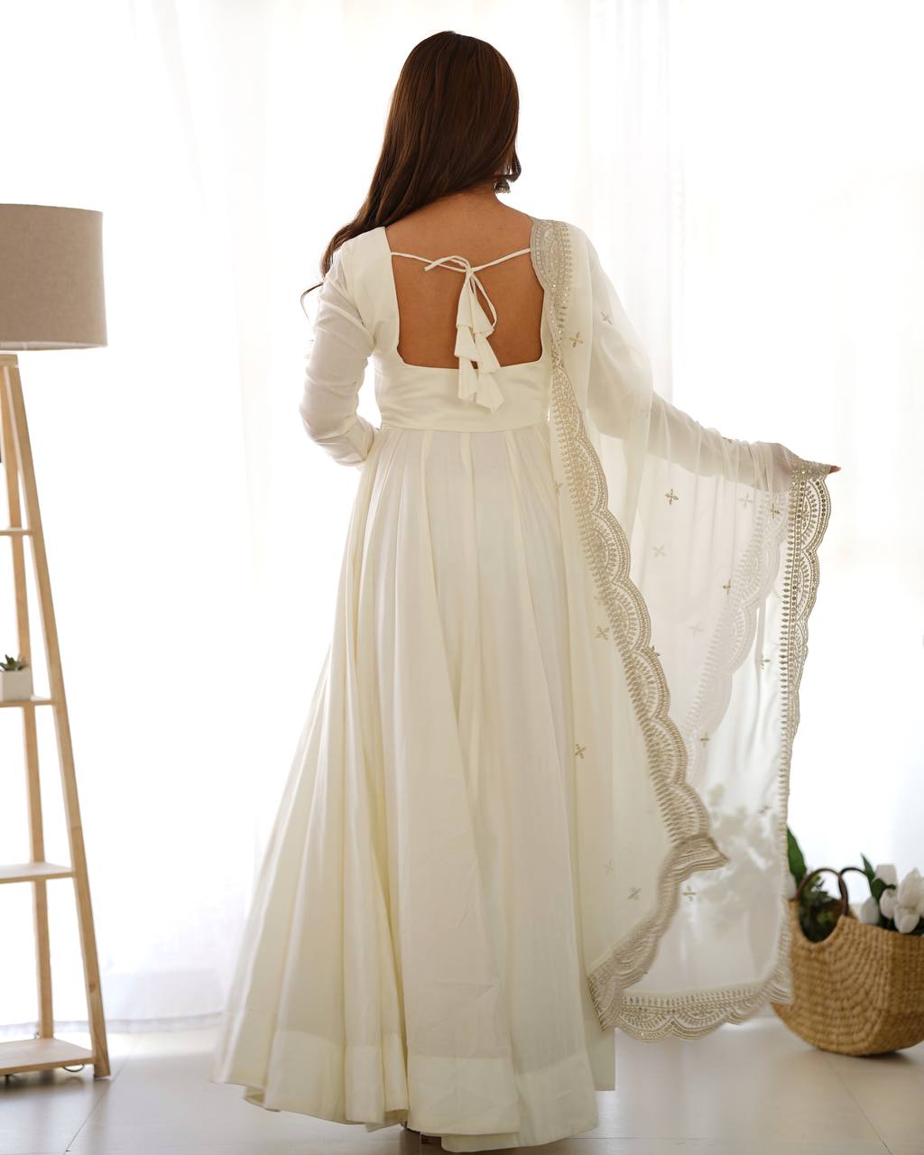 White Heavy Roman Silk Chanderi 16 Kali Anarkali Set