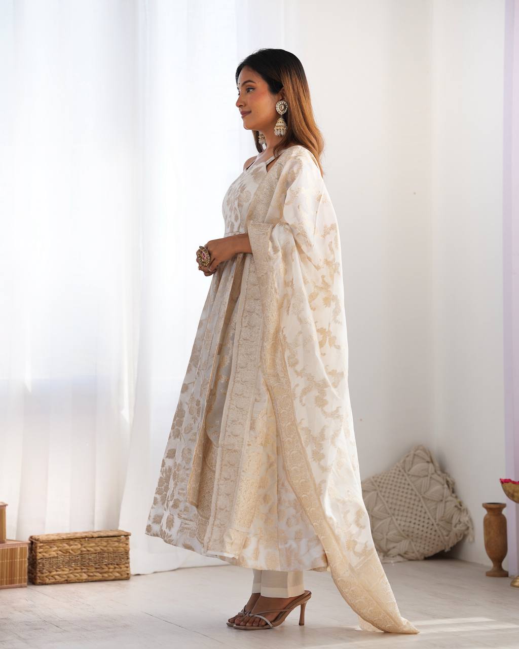 Cream Colour Banarasi Jacquard Dola Silk Anarkali Set