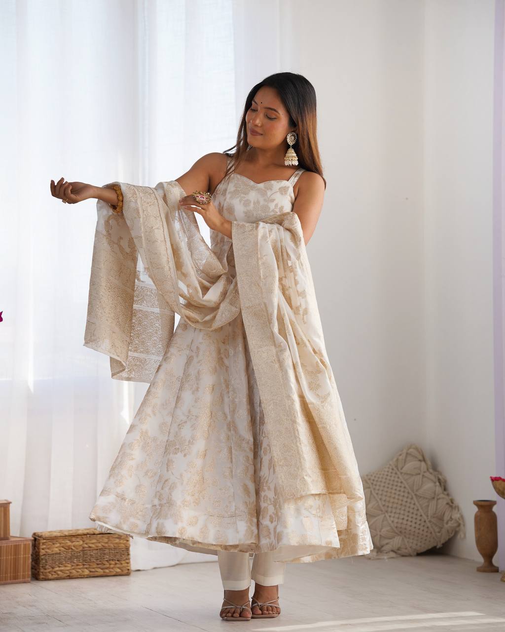 Cream Colour Banarasi Jacquard Dola Silk Anarkali Set