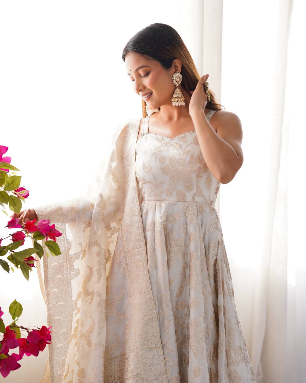 Cream Colour Banarasi Jacquard Dola Silk Anarkali Set