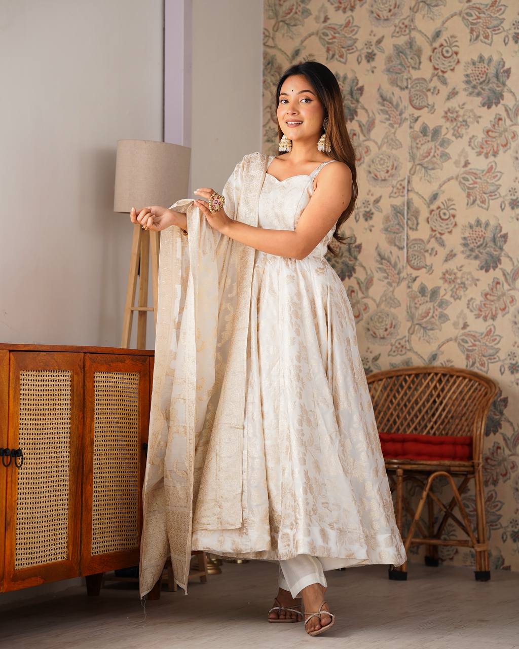Cream Colour Banarasi Jacquard Dola Silk Anarkali Set