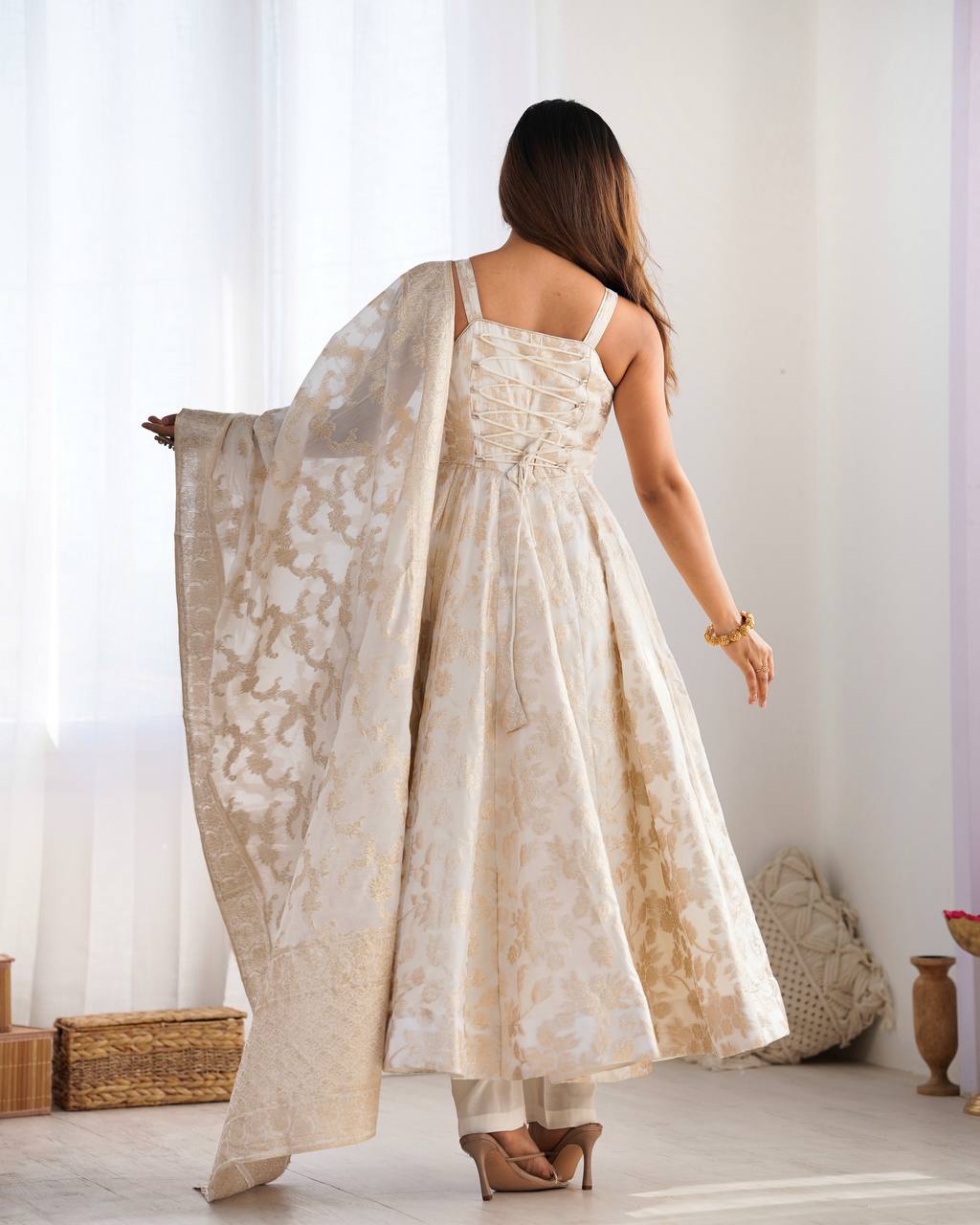 Cream Colour Banarasi Jacquard Dola Silk Anarkali Set