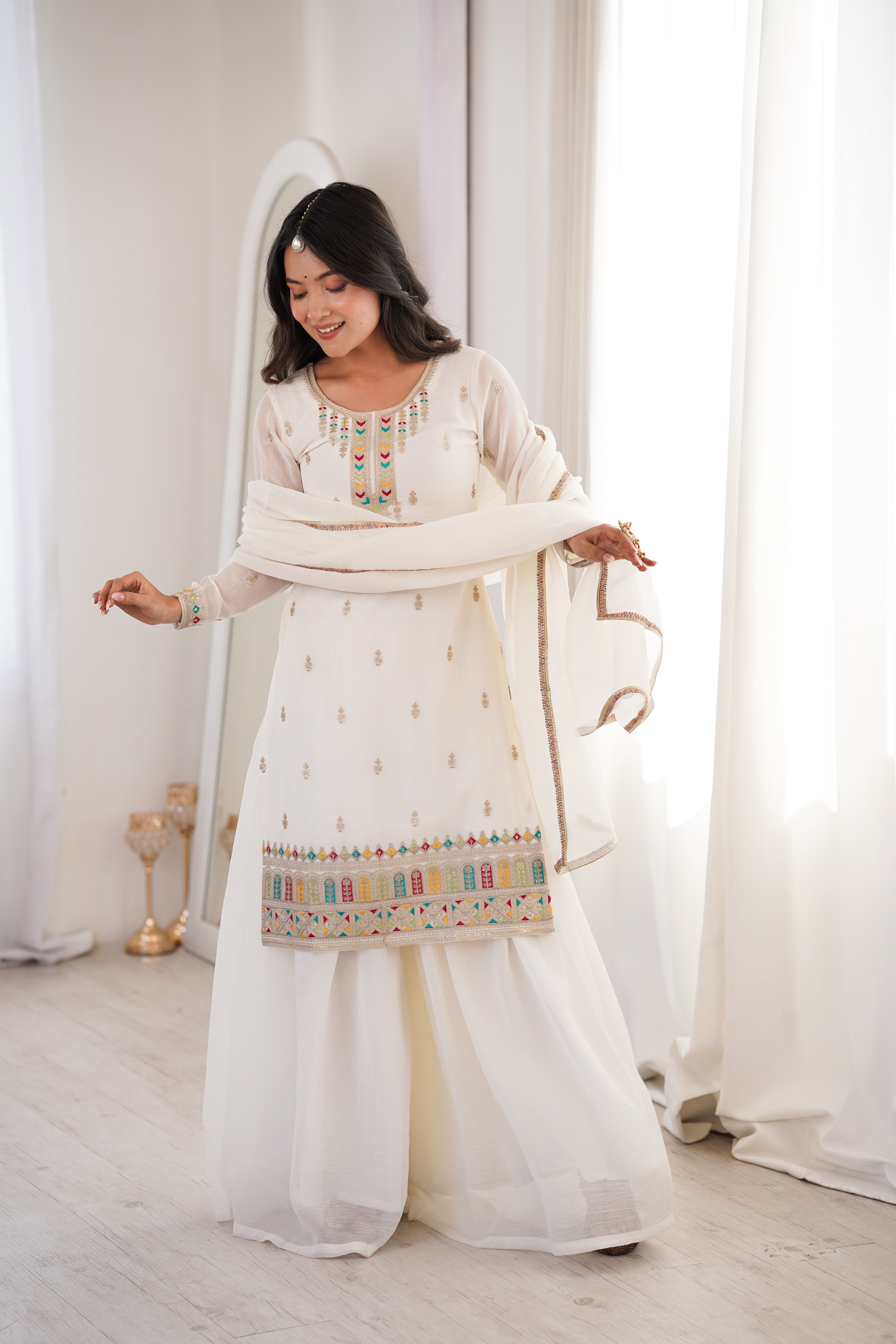 White Clour  Heavy Soft Crunchy Silk Kurta Sharara Set