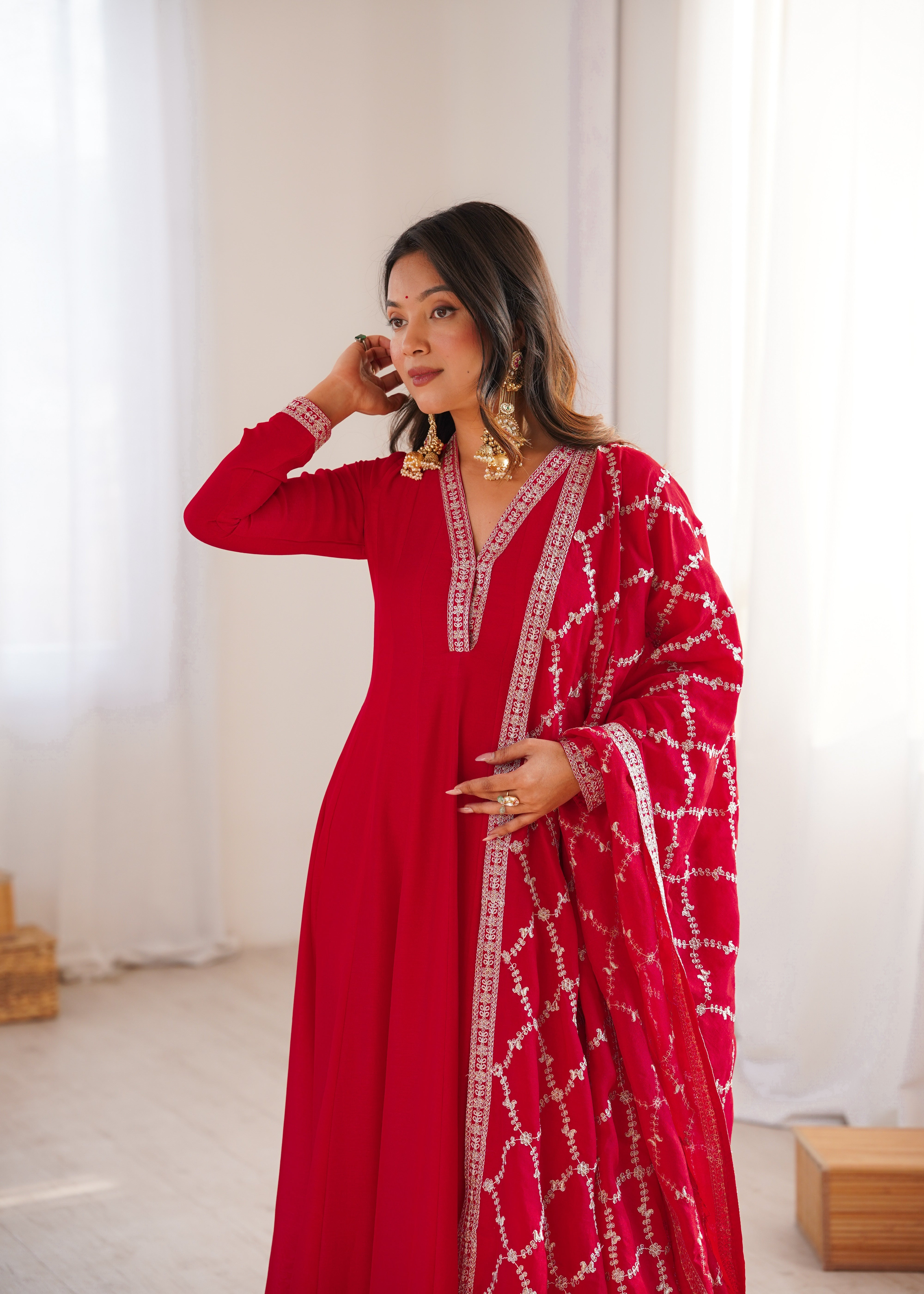 Red Colour Heavy Blooming Vichitra Silk Full Kali Anarkali Gown Set