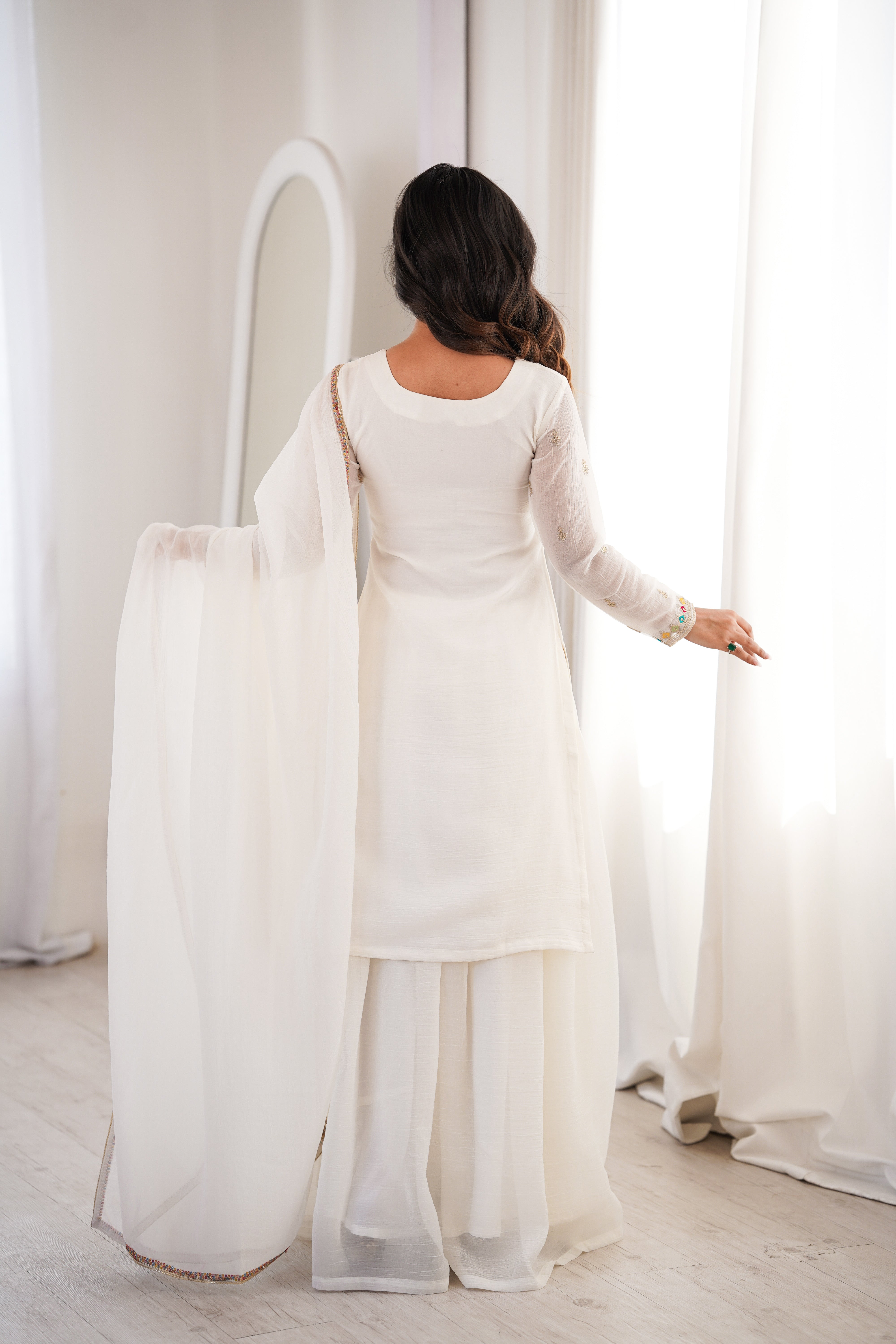 White Clour  Heavy Soft Crunchy Silk Kurta Sharara Set