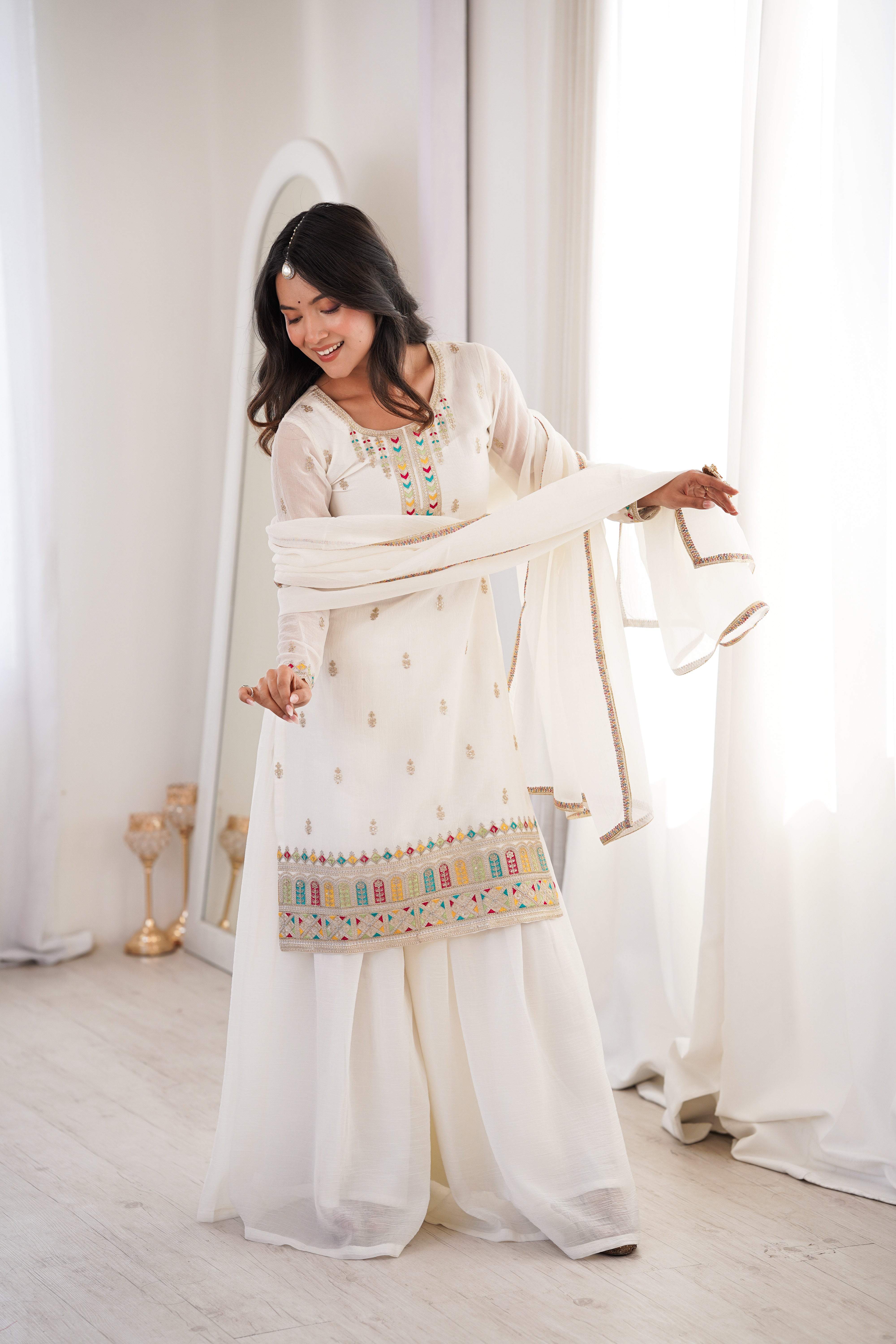 White Clour  Heavy Soft Crunchy Silk Kurta Sharara Set