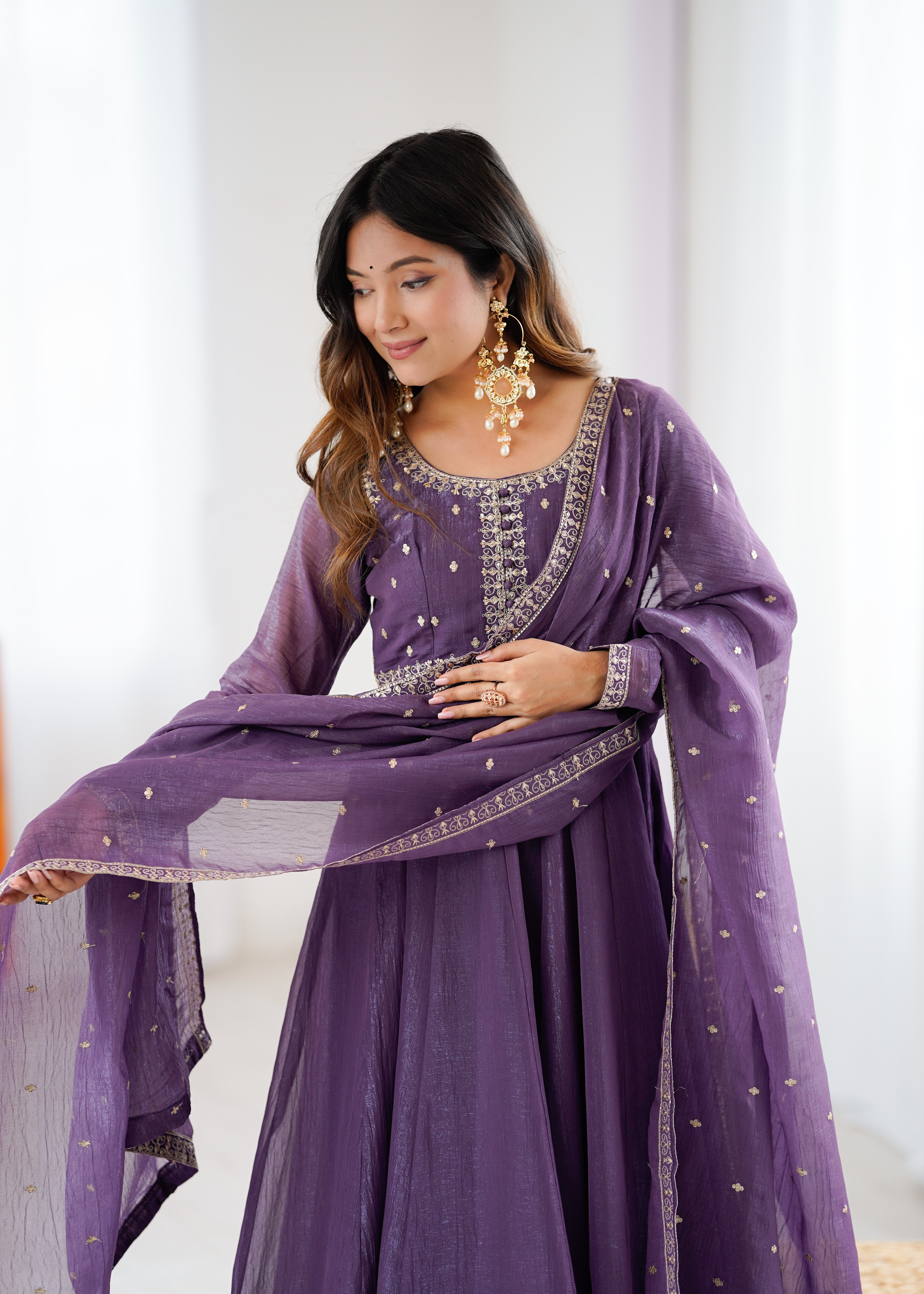Purple Heavy Crunchy Silk Embroidered Anarkali Set
