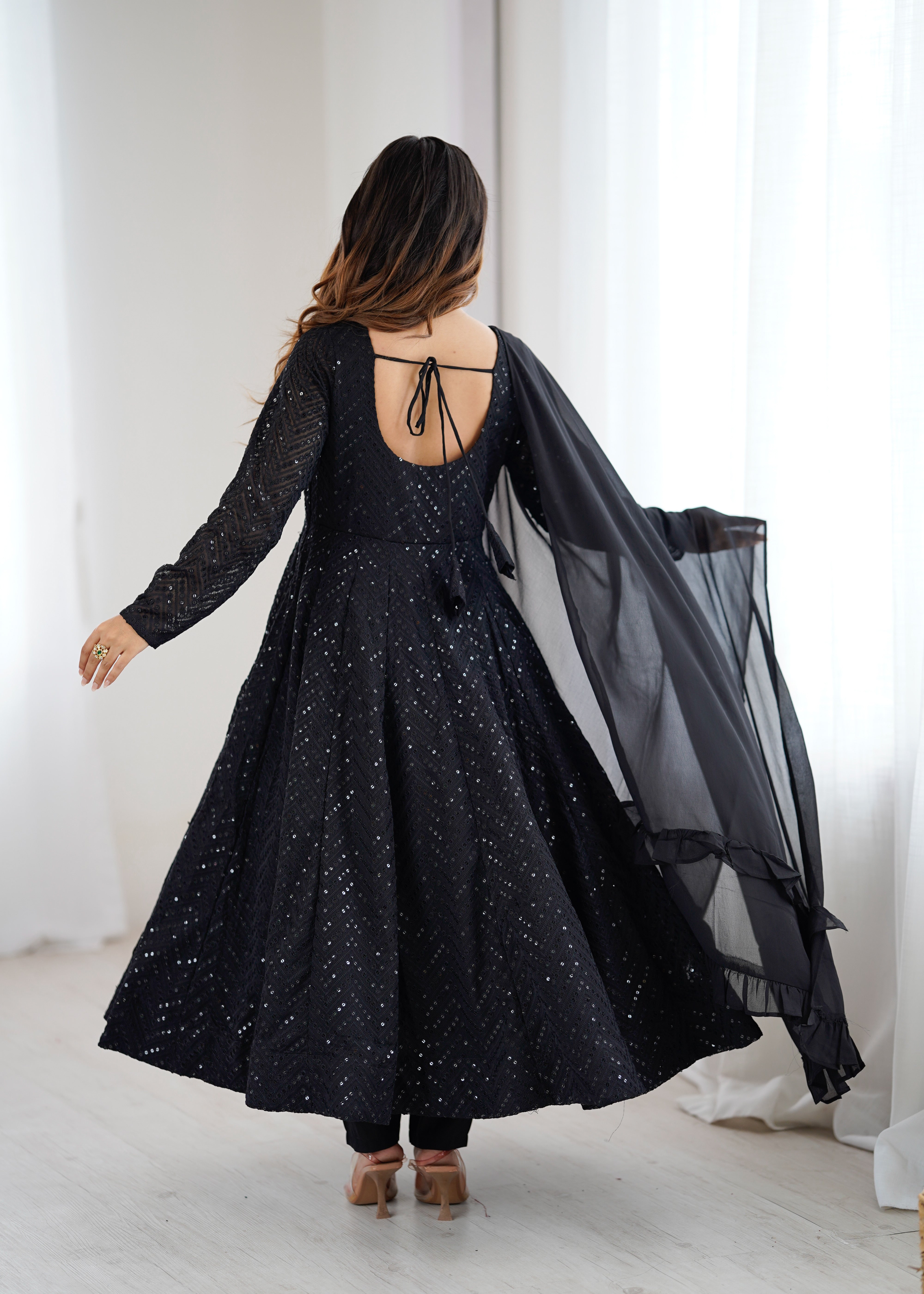 Black Colour Soft Fox Georgette Lucknowi Work Anarkali Set