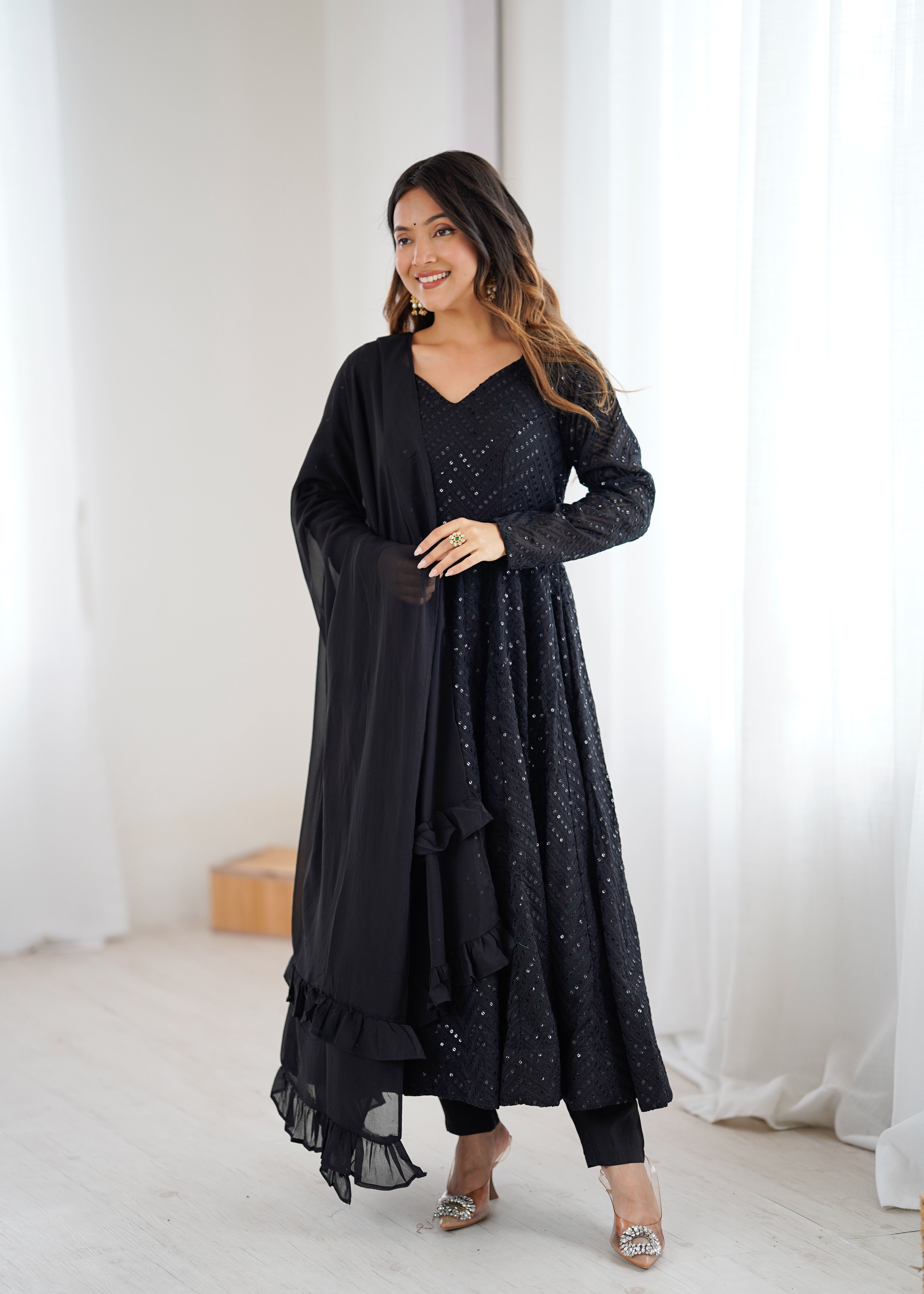 Black Colour Soft Fox Georgette Lucknowi Work Anarkali Set