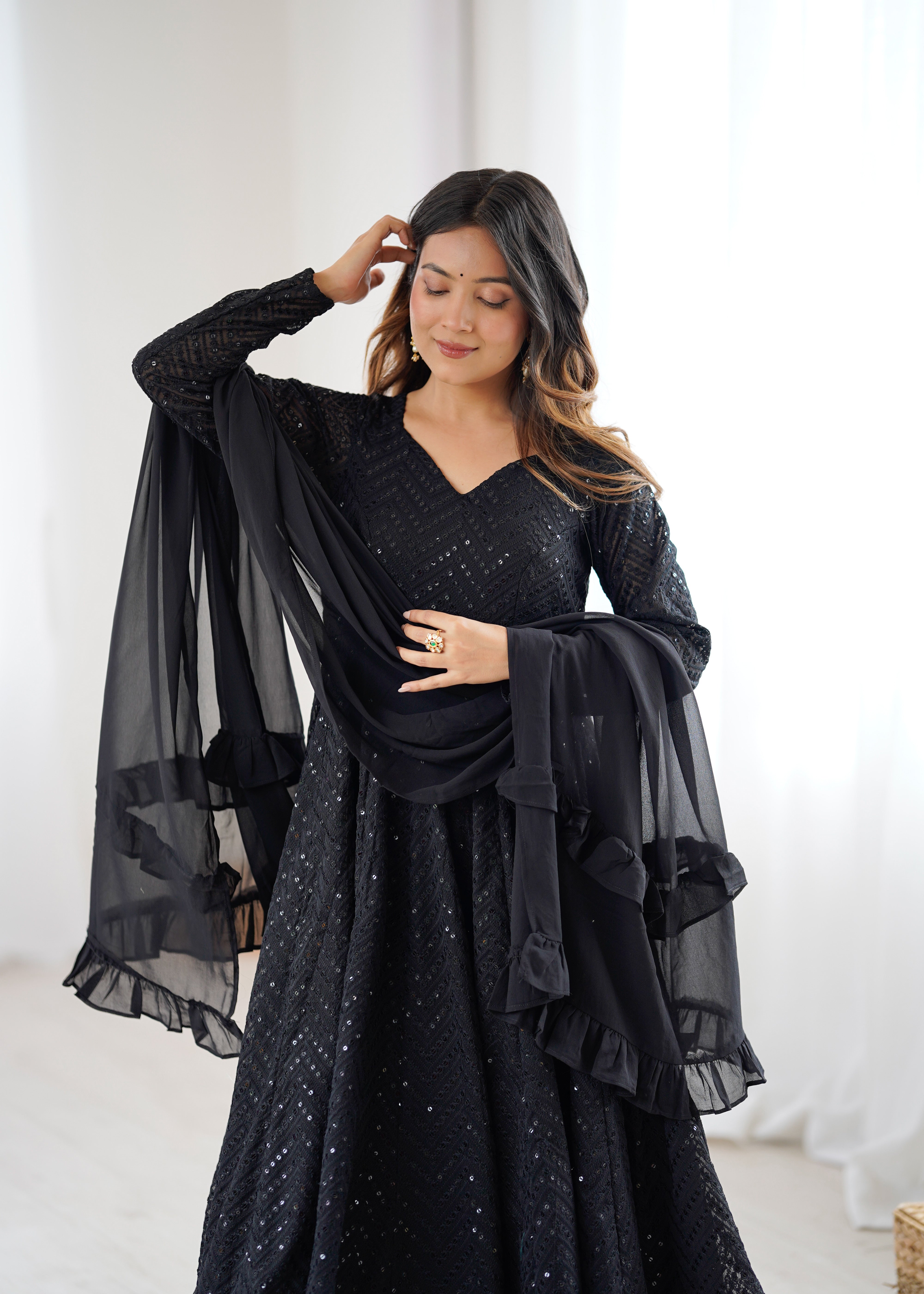 Black Colour Soft Fox Georgette Lucknowi Work Anarkali Set