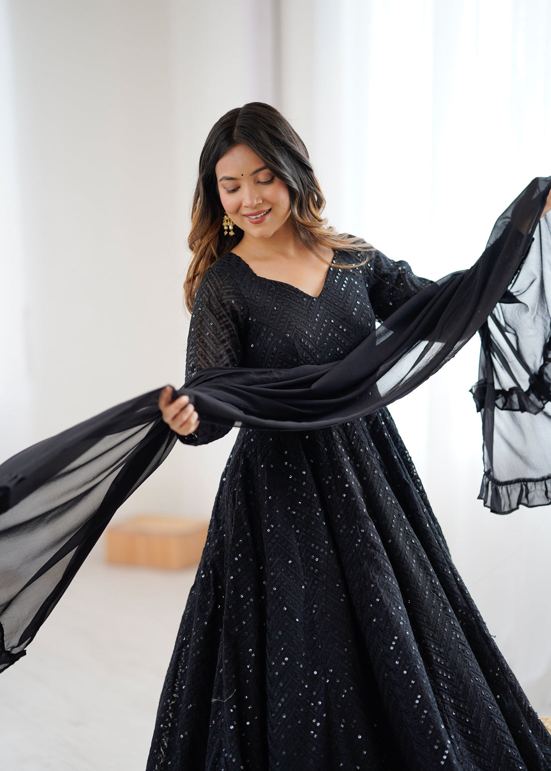 Black Colour Soft Fox Georgette Lucknowi Work Anarkali Set