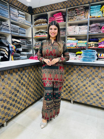 Printed Asymmetric Green And Red Rayon Co-Ord Set