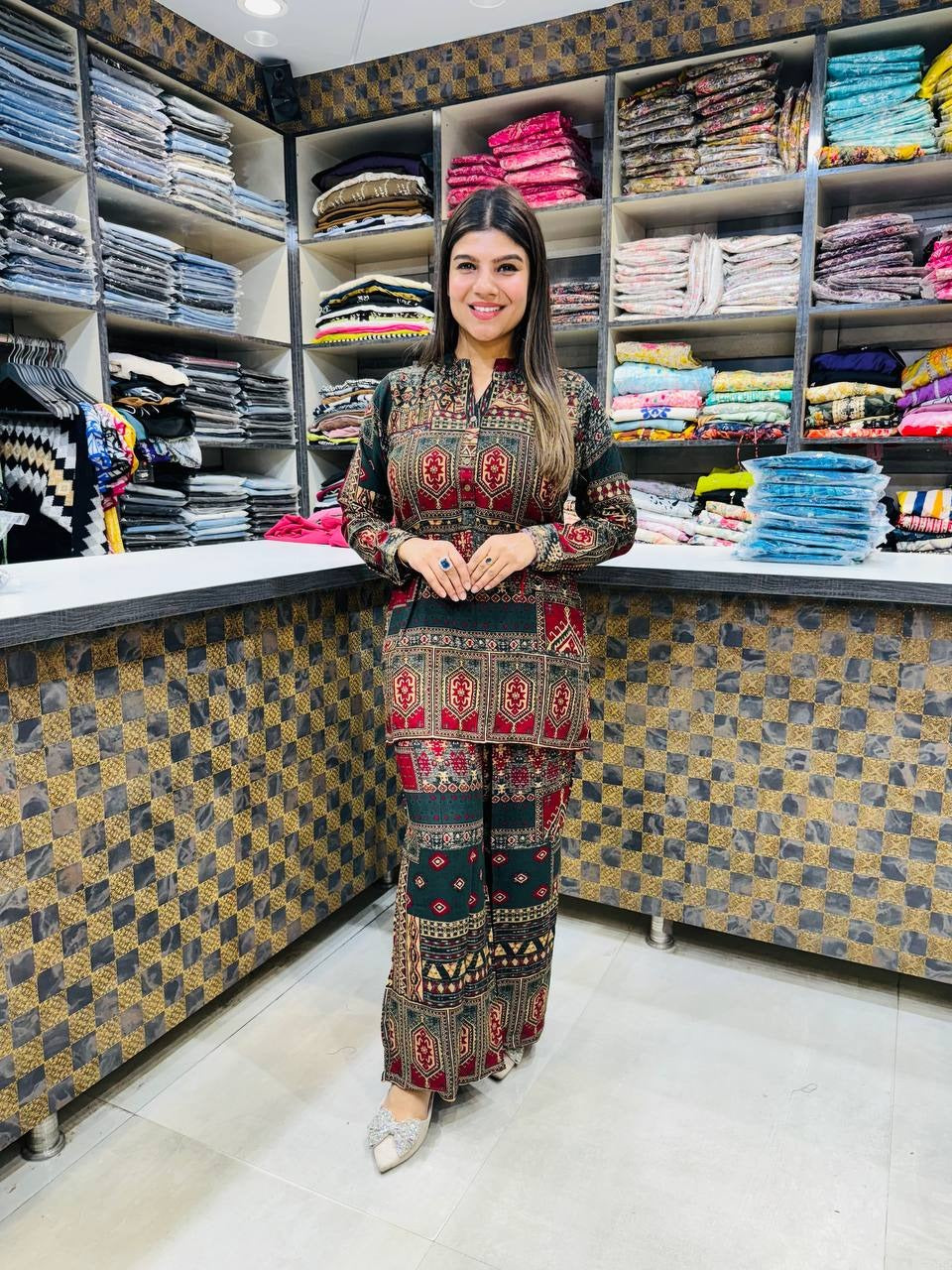Printed Asymmetric Green And Red Rayon Co-Ord Set