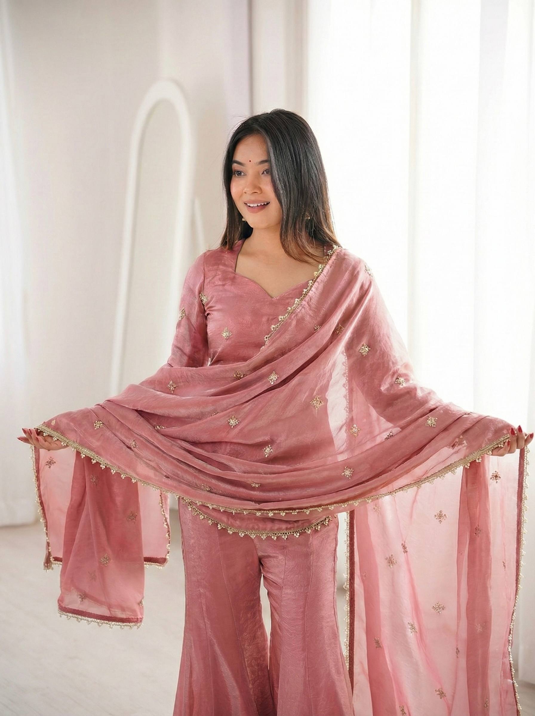 Festive Special Embroidered Fendy Silk Sharara Suit