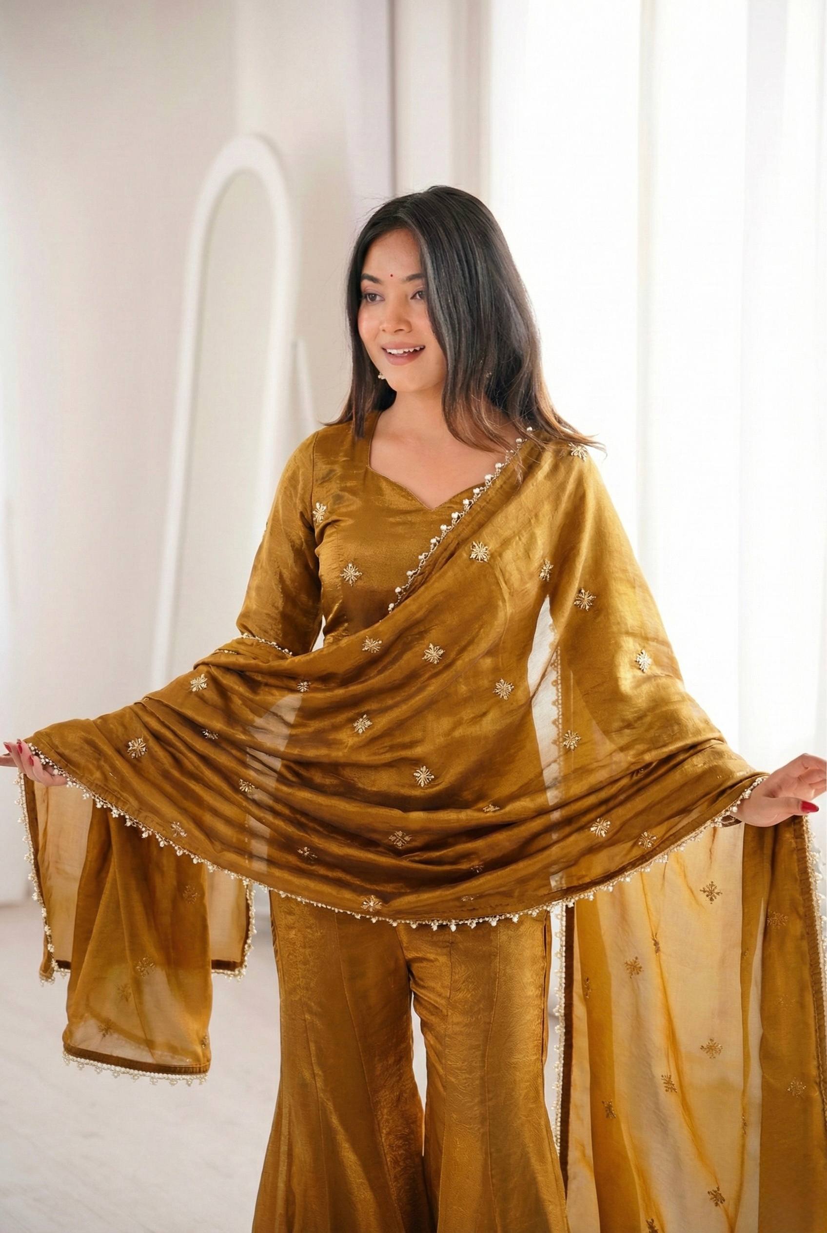 Festive Special Embroidered Fendy Silk Sharara Suit