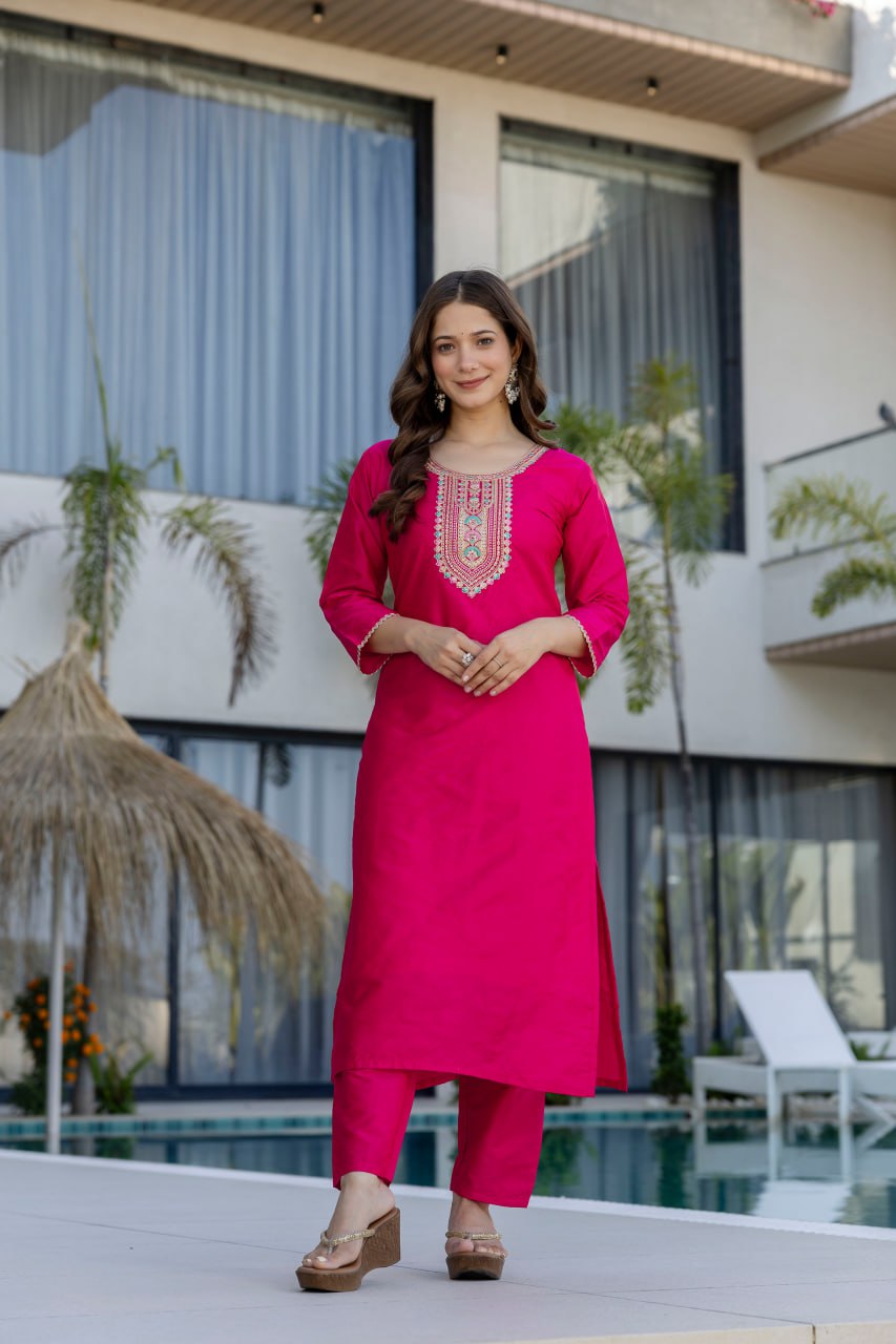 Pink Kurti Pant With Dupatta Set