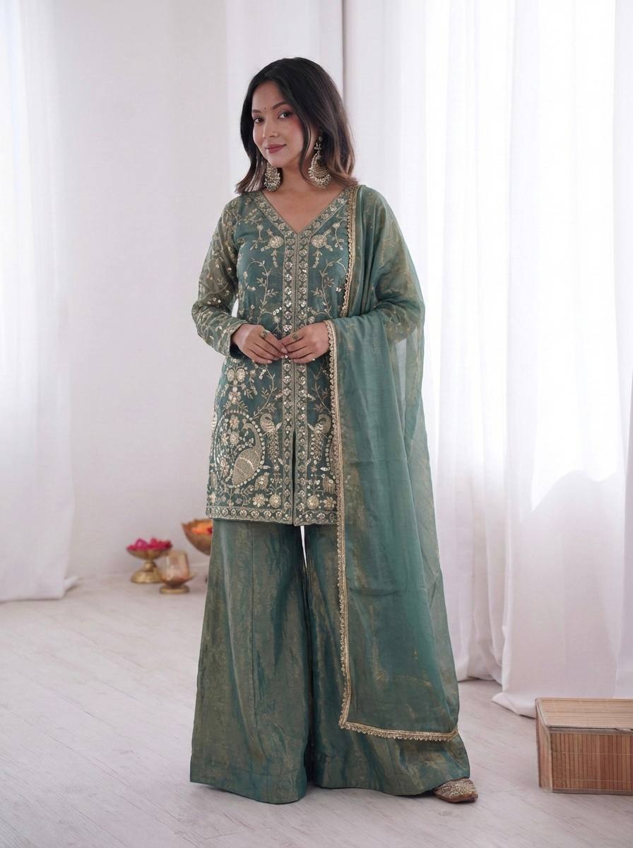 Royal Fendy Silk Embroidered Plazzo Suit Set