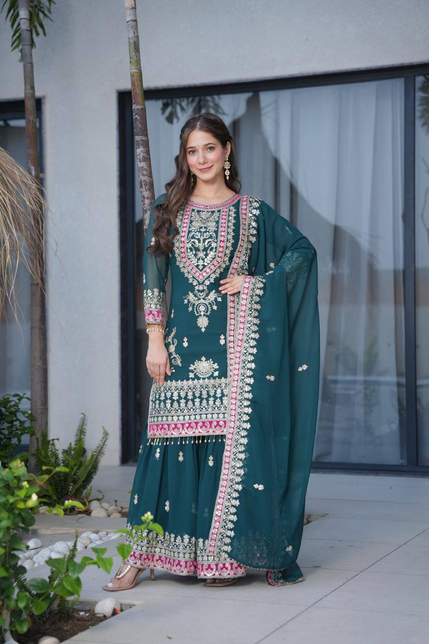 Rama  Royal Embroidered Kurta Palazzo Set with Dupatta