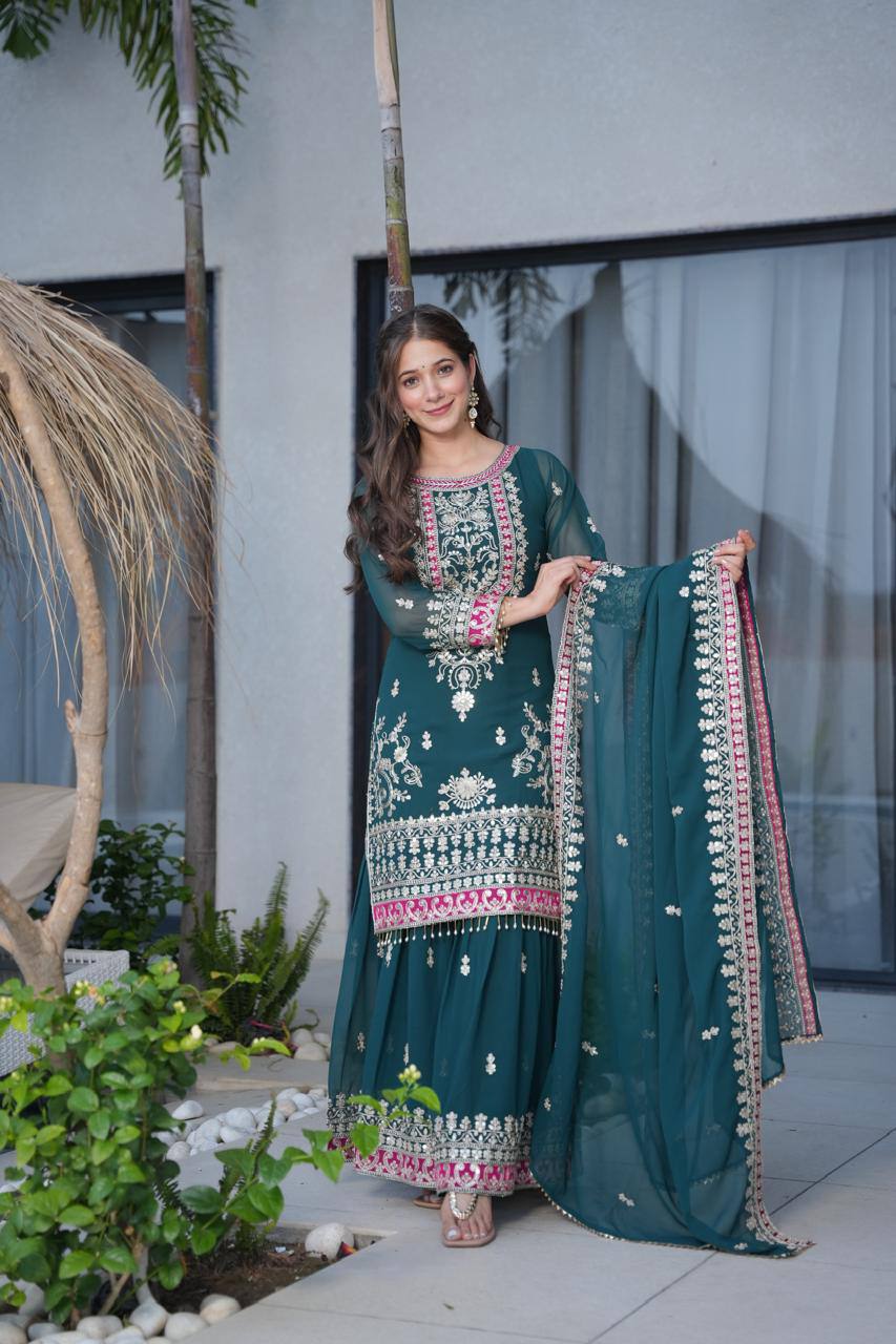 Rama  Royal Embroidered Kurta Palazzo Set with Dupatta