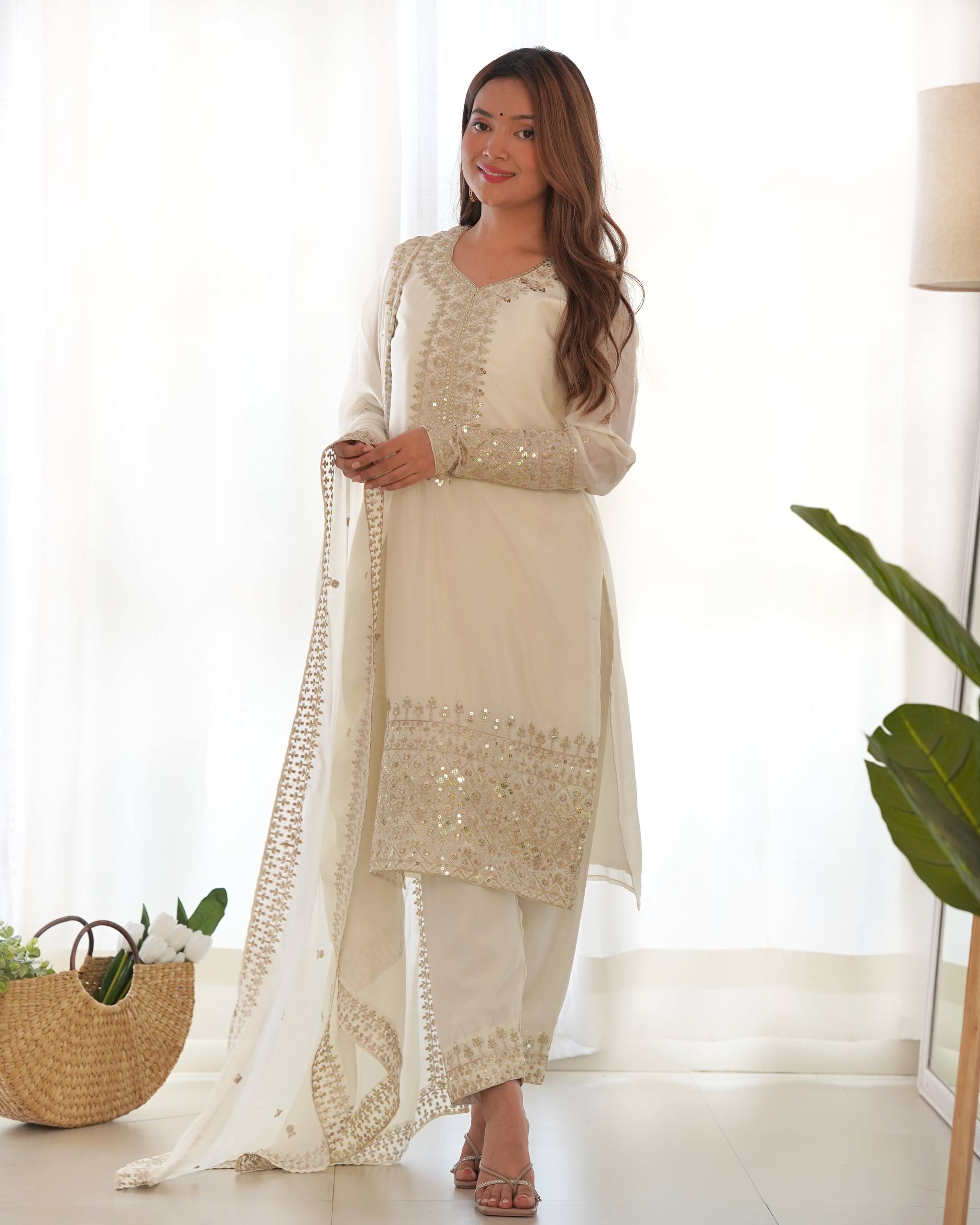 Graceful Chinon Silk Kurta Set with Embroidered Dupatta